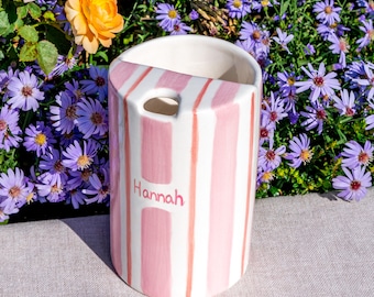 Custom Striped Travel Mug, Handmade Ceramic Travel Cup with Lid, Striped To Go Mug, Sippy Mug for Dad, Father's Day Gift, Graduation Gift