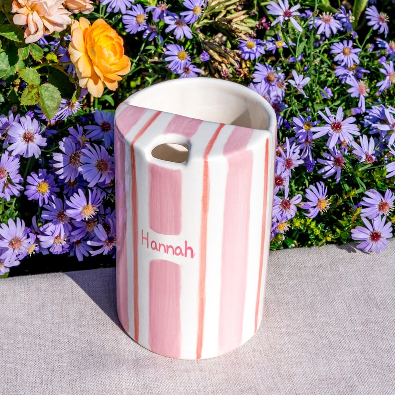 Custom Striped Travel Mug, Handmade Ceramic Travel Cup with Lid, Striped To Go Mug, Sippy Mug for Dad, Father's Day Gift, Graduation Gift image 1