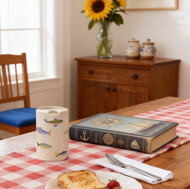 May include: A cylindrical ceramic utensil holder decorated with small colorful fish illustrations, positioned next to a rectangular book featuring a nautical compass and sailboat cover design, resting on a red and white checkered table runner.