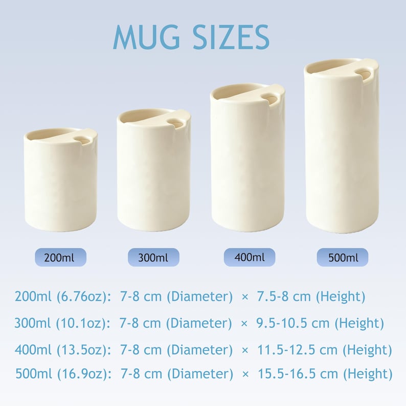 May include: Four off-white cylindrical mugs with a unique top opening, displayed in sizes 200ml (6.76oz), 300ml (10.1oz), 400ml (13.5oz), and 500ml (16.9oz). Text labels indicate MUG SIZES and specific dimensions for each capacity in inches.