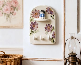 Personalized Pet Wall Key Holder, Ceramic Wall Mounted Key Rack with Pet Sculpture, Custom Cat Dog Key Hanger, Rustic Entryway Organizer