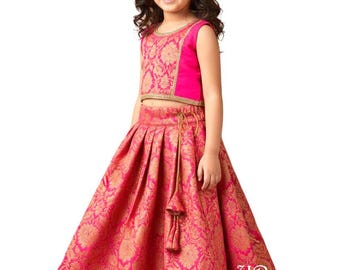 Kids Indian Traditional Festive Wear, Pink Banarasi Silk Girls Lehenga Choli, Pattu Pavadai