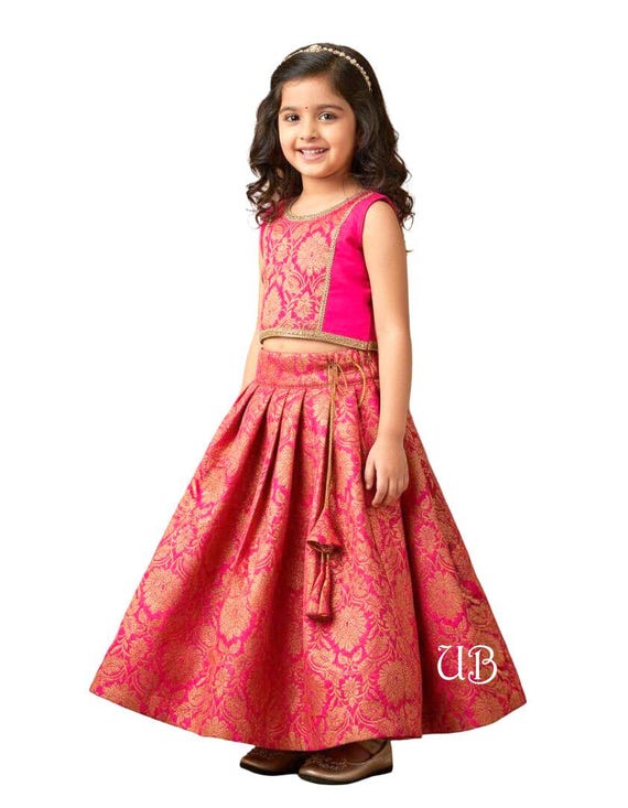 Kids Indian Traditional Festive Wear, Pink Banarasi Silk Girls Lehenga Choli, Pattu Pavadai