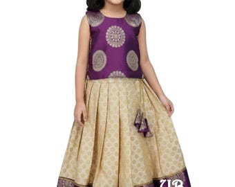 Readymade Girls Lehenga Choli, Gold and Magenta Kids Ehinic Wear South Indian Pattu Pavadai