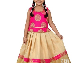 Goudkleurige en roze meisjes Lehenga Choli, kant en klare kinderen Indiase Ehinic Wear