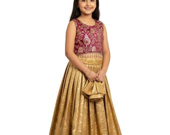 Readymade Kids Indian Ethnic Wear, Gold and Magenta Banarasi Silk Girls Lehenga Choli