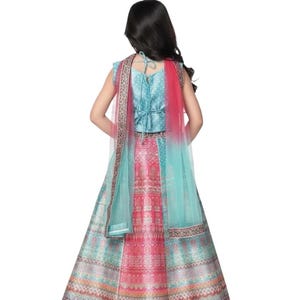 May include: A teal and pink traditional Indian dress. The dress features a patterned skirt, a matching top, and a sheer teal scarf with pink accents. The back of the dress is visible, showing the tie-up detail.