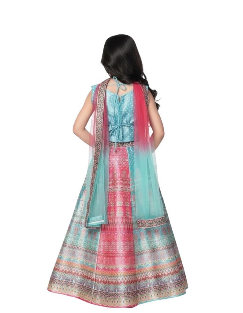May include: A teal and pink traditional Indian dress. The dress features a patterned skirt, a matching top, and a sheer teal scarf with pink accents. The back of the dress is visible, showing the tie-up detail.