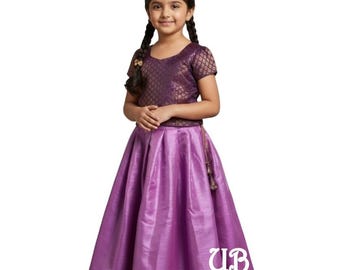 Readymade Girls Lehenga Choli, Purple Kids Ehinic Wear South Indian Pattu Pavadai
