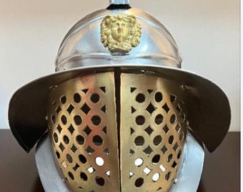 Medieval Knight Helmet | Roman Gladiator Style Brass Face Mask Helmet | Handmade Steel Armor Helmet | LARP SCA Costume Helmet.