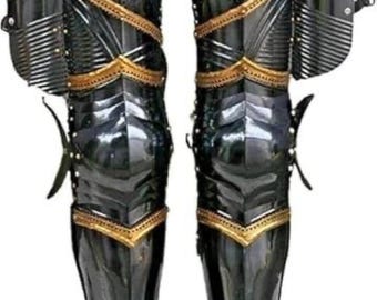 Medieval Knight Leg Armor | Handmade Black & Gold Greaves and Thigh Guards | Cosplay, LARP Costume Armor"