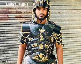 中世の騎士ローマ剣闘士の鎧セット ブラック＆ゴールドマッスル
