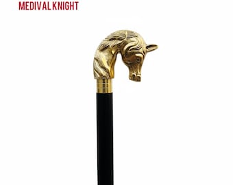 Nautical brass Golden finish horse handle walking stick wooden cane 36" long New