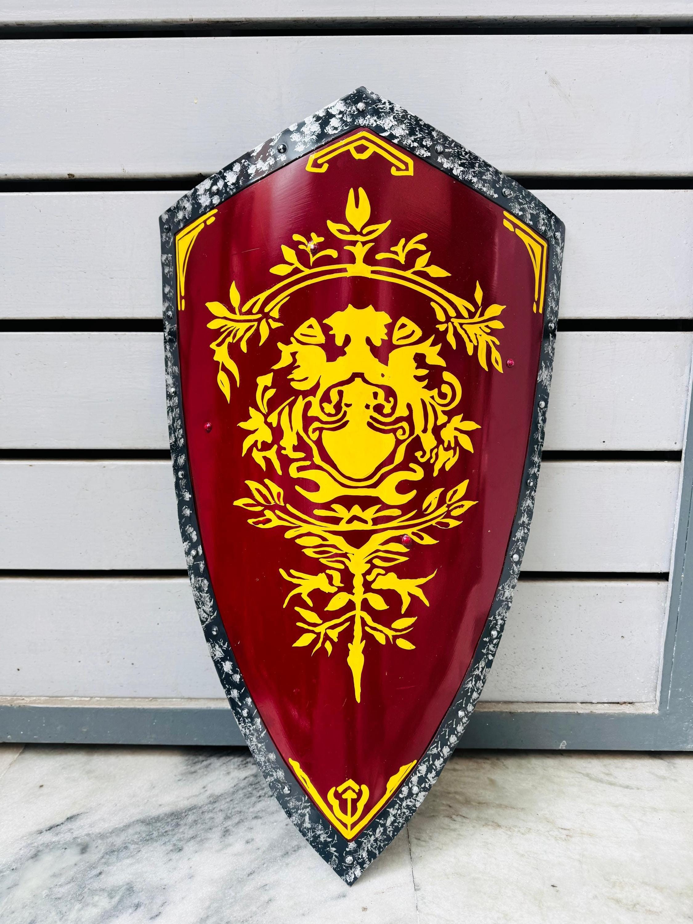 Medieval Lion Crest Shield - Red and Gold Decorative Knight Shield for Display or Cosplay"