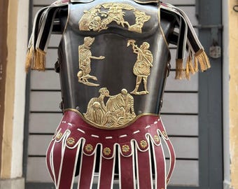 Medieval Knight Roman Gladiator Armor – Black Gold Cuirass with Red Skirt, Decorative Body Armor for Costume & Collectors"