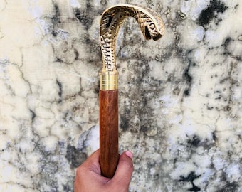 Antique Solid Brass Snake Head Handle Wooden Walking Stick Cane Style Handmade.