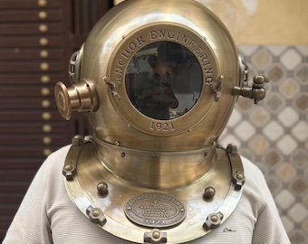 Vintage Nautical Brass Diving Helmet Replica Maritime Anchor Engineering 1921 Deep Sea Diver Collectible