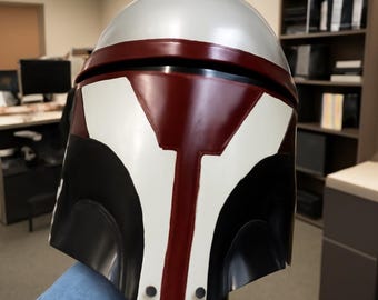 Custom Mandalorian Helmet | Star Wars Cosplay Armor Prop | Red & White Bounty Hunter Helmet Replica"