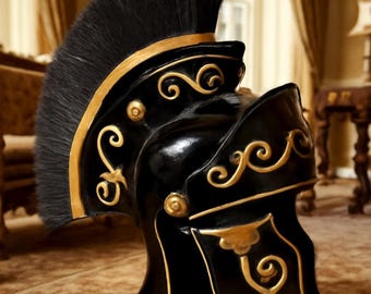Medieval Knight Spartan Helmet – Black & Gold Decorative Armor with Crest | Cosplay, LARP Collectible Helmet"