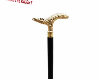 Gold Crocodile Handle Victorian Wooden Walking Stick Cane