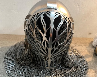 Medieval Knight Helmet with Chainmail Elven Gothic Faceplate Handcrafted Steel Armor Helmet LARP, Halloween Cosplay & Collectible Gift