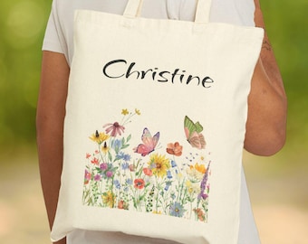 Bolsa de mano con flores silvestres, nombre personalizado, bolsa de jardín, impresión a dos caras, mariposa, floral, lona, diseño de acuarela primaveral, bolso de mano