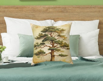 Cojín decorativo vintage con ilustración de pino, 45 x 45 cm, estilo botánico, decoración para el hogar con arte inspirado en la naturaleza.