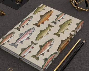 Diario de tapa dura con estampado de trucha vintage, cuaderno de pesca con registro de capturas de pescador, diario masculino, regalo para el Día del Padre para el abuelo, registro de excursiones de campamento