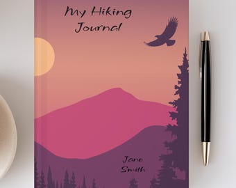 Diario personalizado de senderismo al atardecer en la montaña, cuaderno de tapa dura para registrar rutas, cuaderno de naturaleza, registro de acampada, libro de recuerdos con nombre personalizado