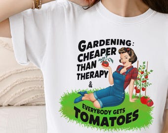 Camiseta "Jardinería más barata que terapia", "Todos tienen tomates", divertida camiseta de jardinería, amante de los tomates, camiseta retro de jardinería, regalo para jardineros.