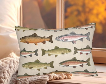 Trout Pillow Vintage Fish Illustration Lumbar Pillow Rustic Cabin Decor Outdoorsy Lake House Throw Pillow Fishing Gift Idea River Life Decor