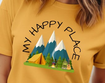 Camping T Shirt Outdoor Adventure Tshirts My Happy Place Clothing Cotton Hiking Apparel