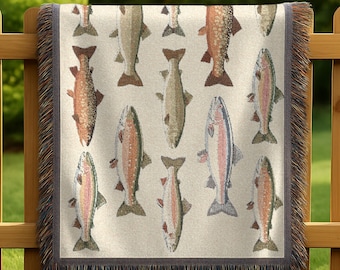 Manta tejida con estampado de trucha, ideal para pescar, acampar, río, lago, regalo para el Día del Padre, decoración rústica de cabaña.