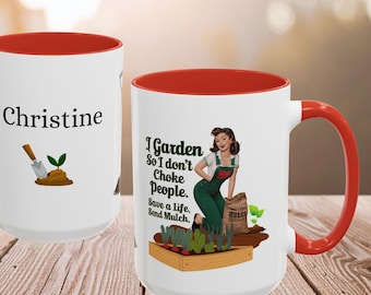 Taza divertida de jardinería: "Cultivo para no ahogar a la gente". Taza con ilustración retro de jardinero. Taza de café con detalles vintage. Regalo para jardineros con humor.