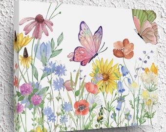 Arte de pared de flores silvestres, decoración botánica de primavera para el hogar, mariposas y flores, lienzo estirado, regalo de inauguración de la casa para baby shower, dormitorio en tonos pastel