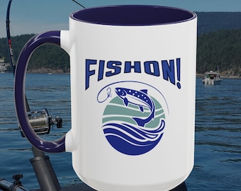 Taza de café de pesca para pescador, regalo para papá, taza de cerámica de 443 ml para mamá pescadora, taza de té con temática de peces, regalo de cumpleaños para compañero de pesca