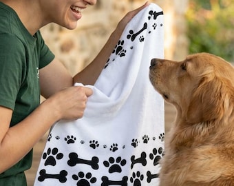 Paw Print Hand Towel Dog Paw and Bone Border Hand Towel Dog Kitchen and Bath Towel for Pet Owners