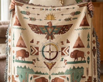 Manta tejida estilo suroeste con diseño de los indios Sioux, en tonos tierra, ideal para cabañas de caza, decoración rústica, regalo acogedor para el Día de la Madre o el Día del Padre.