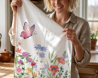 Asciugamano con fiori selvatici, farfalle, stampa botanica floreale pastello, decorazione da giardino e cucina, fiori di prato, ideale come regalo di inaugurazione della casa.