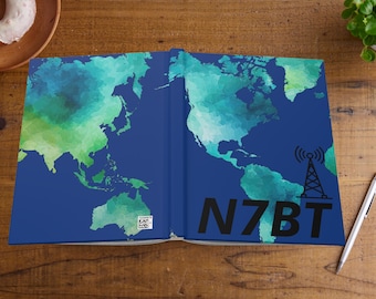 Diario de radioaficionado personalizado con indicativo de llamada, cuaderno de tapa dura, mapa del mundo, registro de contactos, regalo para radioaficionados, Día del Padre, diario personal para marido