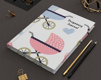 Baby Stroller Pattern Pregnancy Personalized Journal, Hardcover Matte Diary, Baby Shower Guestbook, Birth Book, Shower Planning Notebook