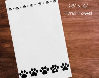 Paw Print Towel Bathroom Guest Hand Cloth Kitchen Dog Owner Gift Pet Parent Cat Mom Animal Heart Design White Linen Black