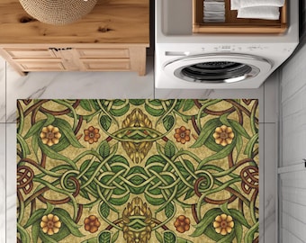 Alfombra celta verde vintage con patrón de nudo celta en tonos tierra intensos, cálida decoración para sala de estar, regalo inmobiliario para inauguración de la casa.
