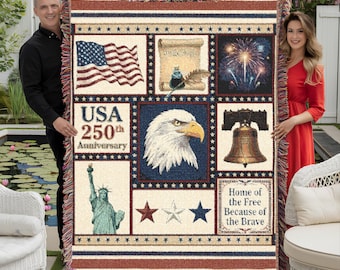 USA 250th Anniversary Keepsake Woven Blanket Patriotic Americana Collage 250 Years of Freedom Celebrate America Land of the Free Tapestry