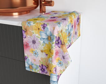 Floral Hand Towel Spring Kitchen Gift Hostess Unique Housewarming Present Pastel Flower Pattern Watercolor Bright Garden Theme Gardener