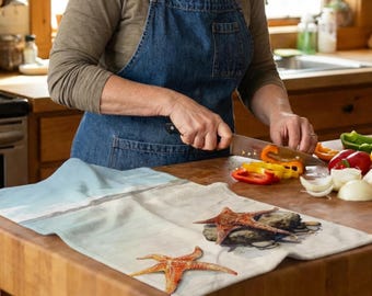 Sea Star Towel Nautical Bathroom Beach Theme Coastal Home Kitchen Summer Hostess Gift Ocean Hand Graphic Starfish Art Seaside Linen Marine