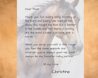 Manta con carta para mamá, manta personalizada de forro polar Sherpa con tu nombre, regalo del Día de la Madre para mamás de concursos hípicos. Manta para establo.