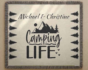 Camping Woven Blanket Personalized Names Mountain Pines Design Couples Camper Gift for Family Trailer Decor Campfire Blanket Cotton Throw