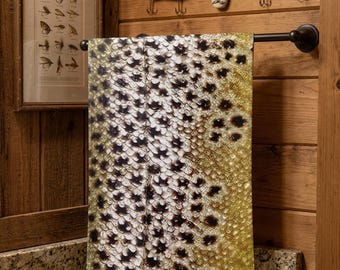 Brown Trout Hand Towel Fish Scale Pattern Kitchen Rustic Cabin Lake House Outdoor Decor Fishing Bathroom Angler Gift Wildlife Nature Flyfish
