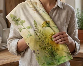 Botanical Hand Towel Watercolor Design Garden Herb Kitchen Guest Bathroom Accent Hostess Gift Housewarming Present Nature Inspired Greenery